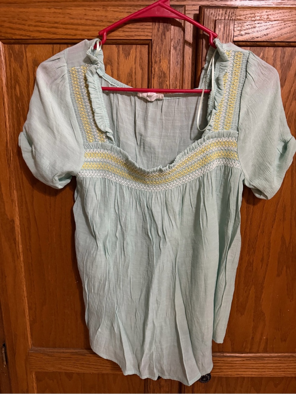 mine Mint Smocked Short Sleeve Blouse with Yellow Accents